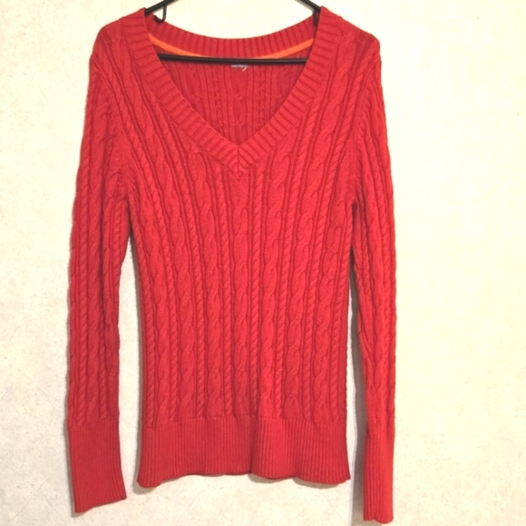 SZ L V-NECK CABLE KNIT SWEATER RED - Picture 1 of 5